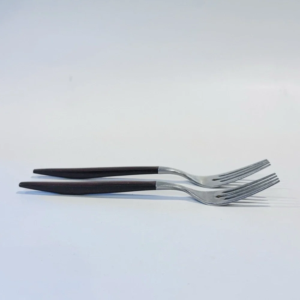 Vintage EKCO Eterna Stainless Steel Forks MCM‎ Wooden Handles Made in Japan